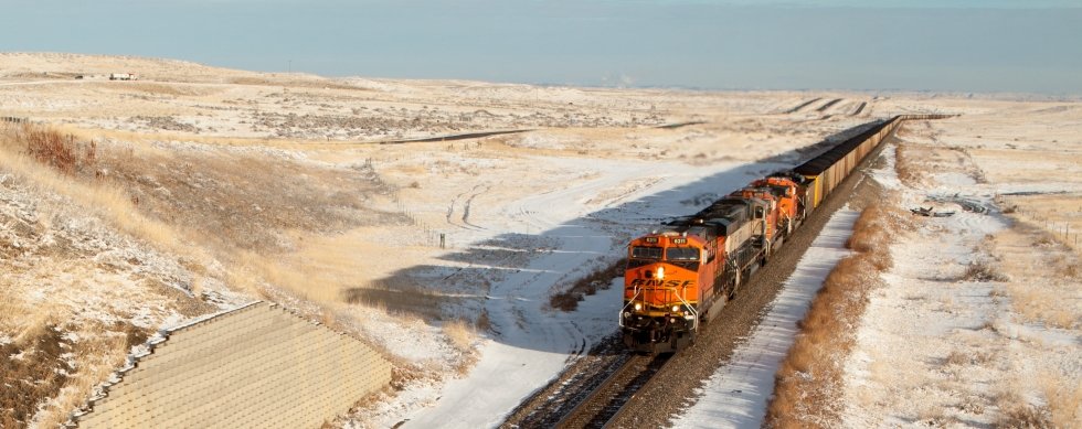 A BNSF coal train heading west from the Absaloka Mine