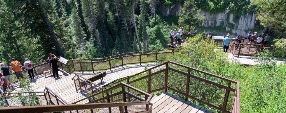 Stairs to Mesa Falls at Henrys Fork of Snake River