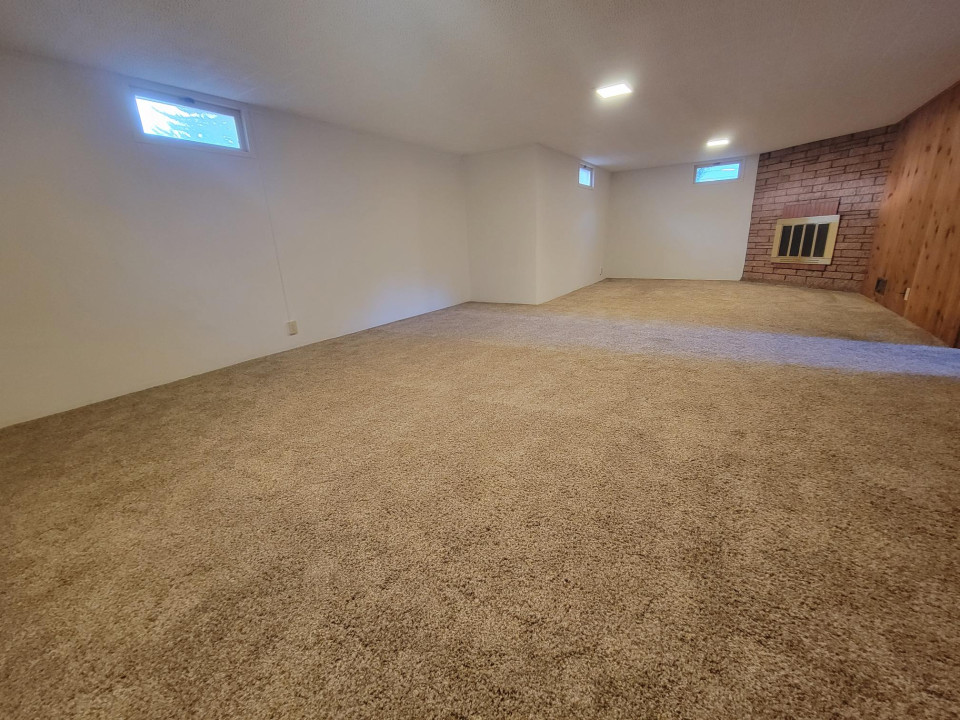 Basement Living Area with Decorative Fireplace